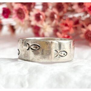Fish Figural Hand Carved Chunky 925 Sterling Silver Vintage Ring - sz 10.75